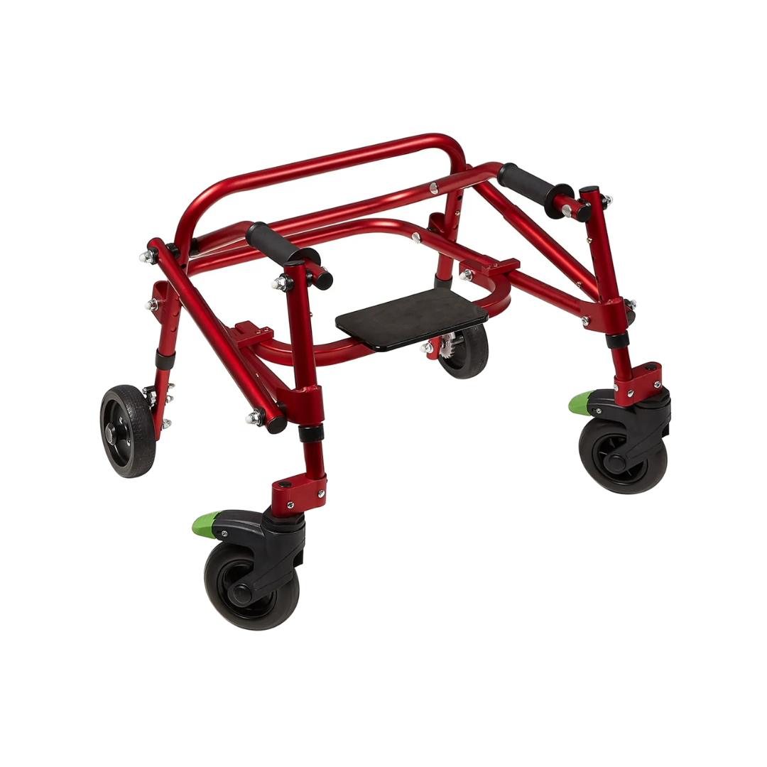 The Circle Specialty Klip Pediatric Posterior Walker is a red, lightweight mobility aid for children featuring four black wheels, front swivel casters, two black hand grips, and a central black seat.
